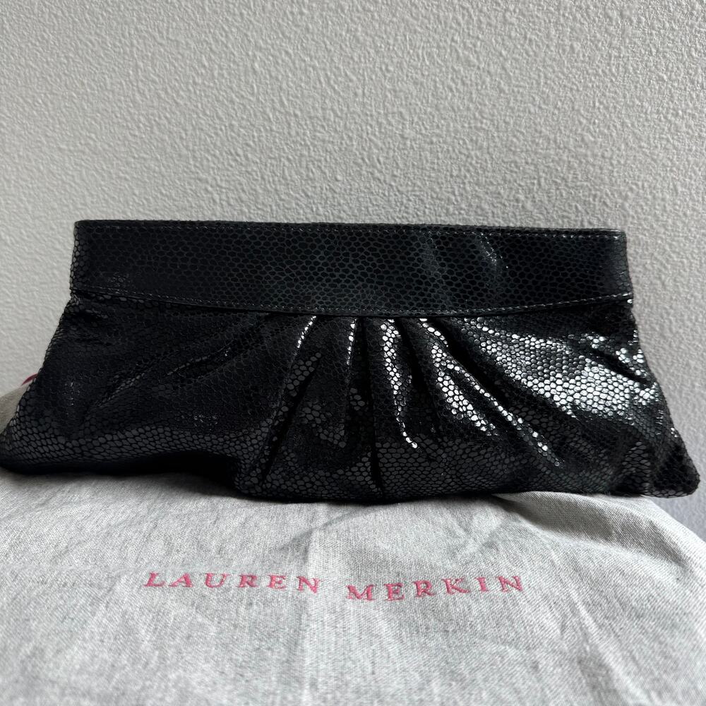 Lauren Merkin Louise Black Shimmer Leather Clutch- Evening, Party